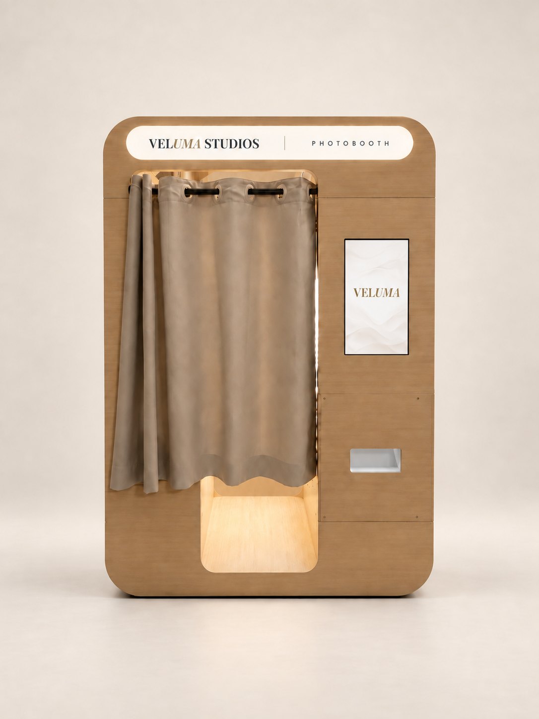 The Veluma enclosed photo booth cabin in light oak
