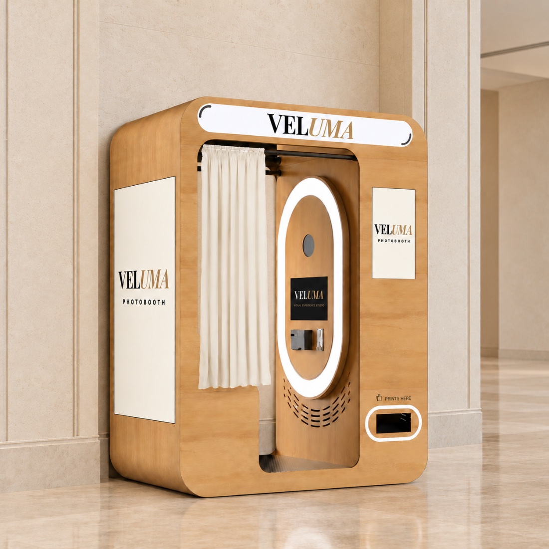 The Veluma enclosed photo booth cabin in light oak