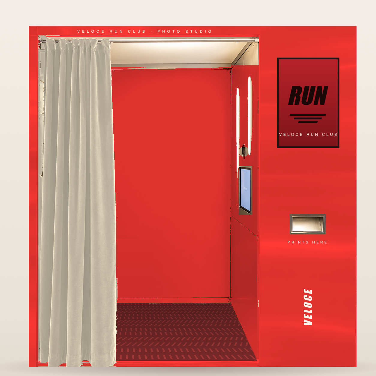 Reflective booth in a full red brand wrap — concept